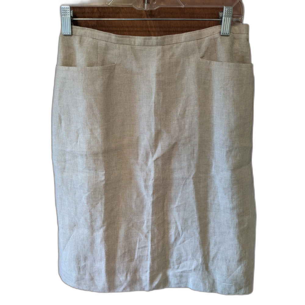 Talbots Irish Linen Skirt Cream Beige Micro Check Pockets Sz 8 Light Academia